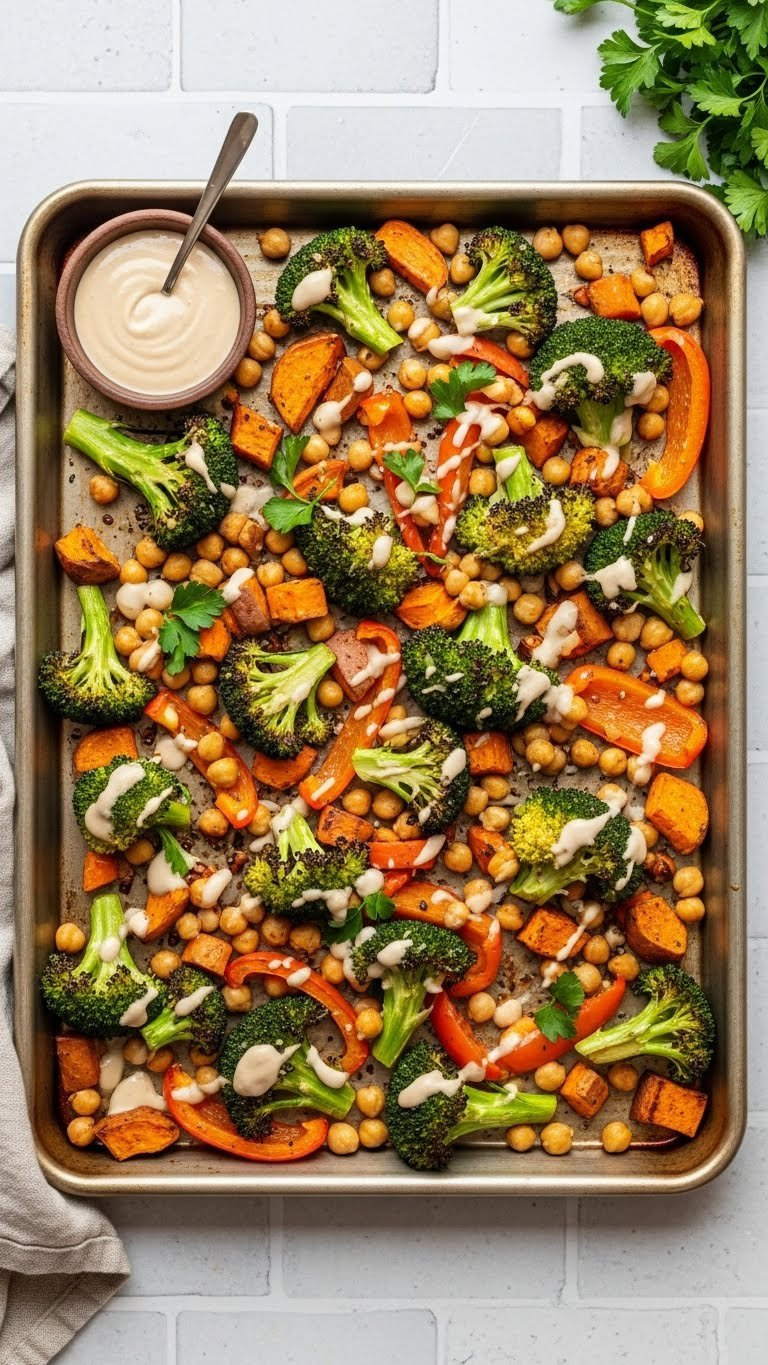 Top-Down View Of Hearty Sheet Pan Roasted Vegetables With Chickpeas And Tahini Drizzle On Stainless Steel Baking Sheet