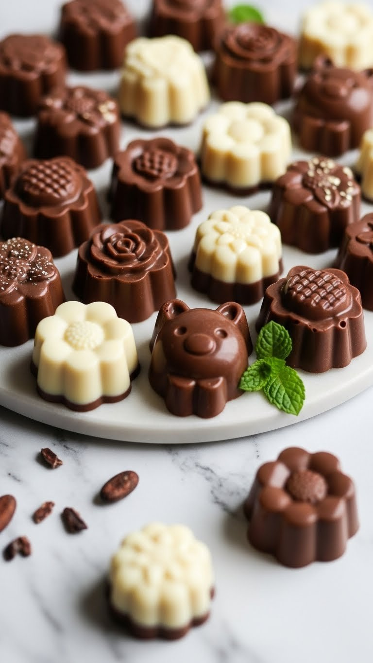 Top-Down View Of Intricate Silicone Mold Chocolates In Floral And Animal Shapes Arranged On Marble Countertop With Cacao Nibs