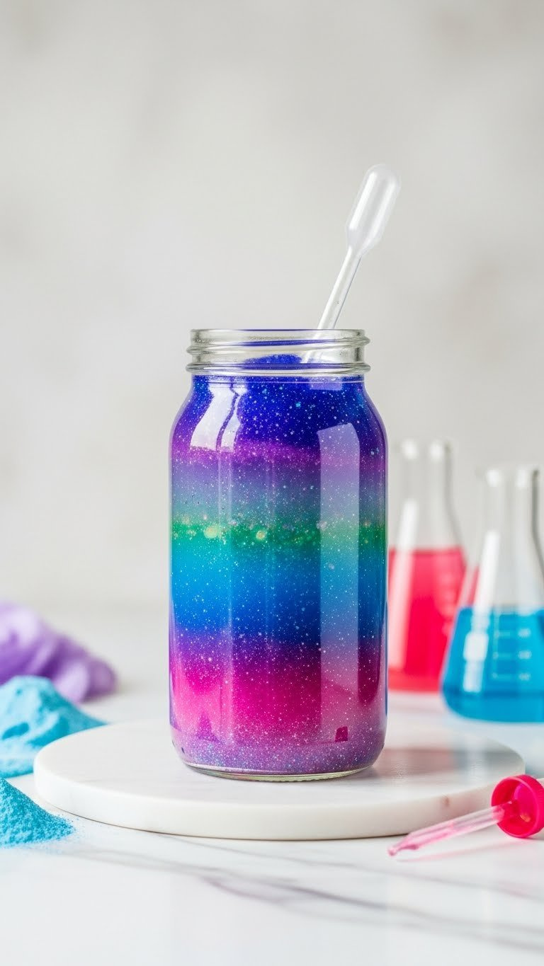 Top-Down View Of Layered Nebula Jar With Distinct Colorful Liquid Layers And Suspended Glitter Creating Cosmic Effect On White Marble