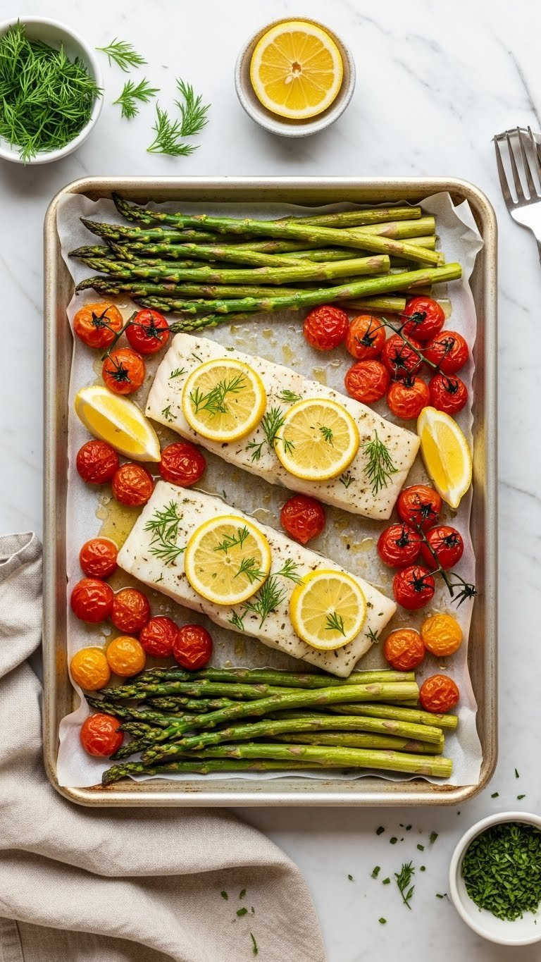 Top-Down View Of Lemon Herb Cod Fillets With Roasted Asparagus And Cherry Tomatoes On Parchment-Lined Baking Sheet