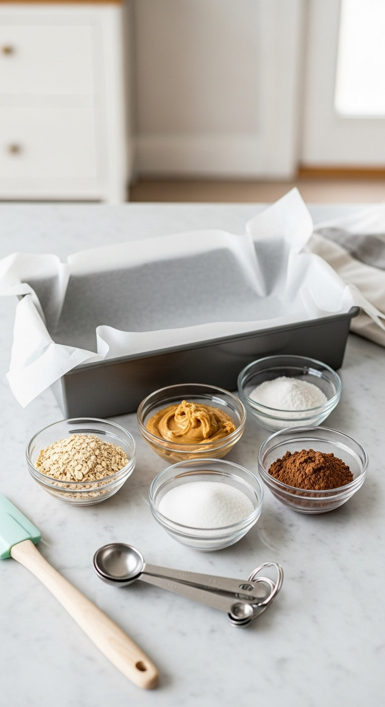 Top-Down View Of No-Bake Cookie Ingredients: Oats, Peanut Butter, Sugar, Cocoa In Bowls On Marble Counter With Baking Pan, Spatula. Ready For Baking.