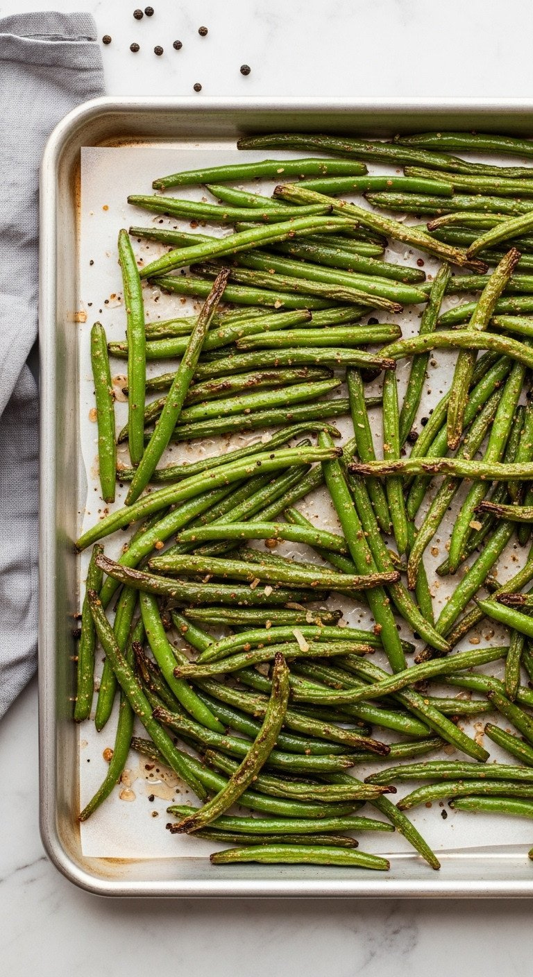 Top-Down View Of Oven-Roasted Green Beans With Caramelized Edges On A Baking Sheet Over A Neutral Marble Countertop.