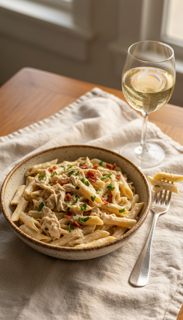 Top-Down View Of Penne Pasta Coated In A Rich Creamy Crack Chicken Sauce With Bacon Bits And Fresh Parsley Garnish.