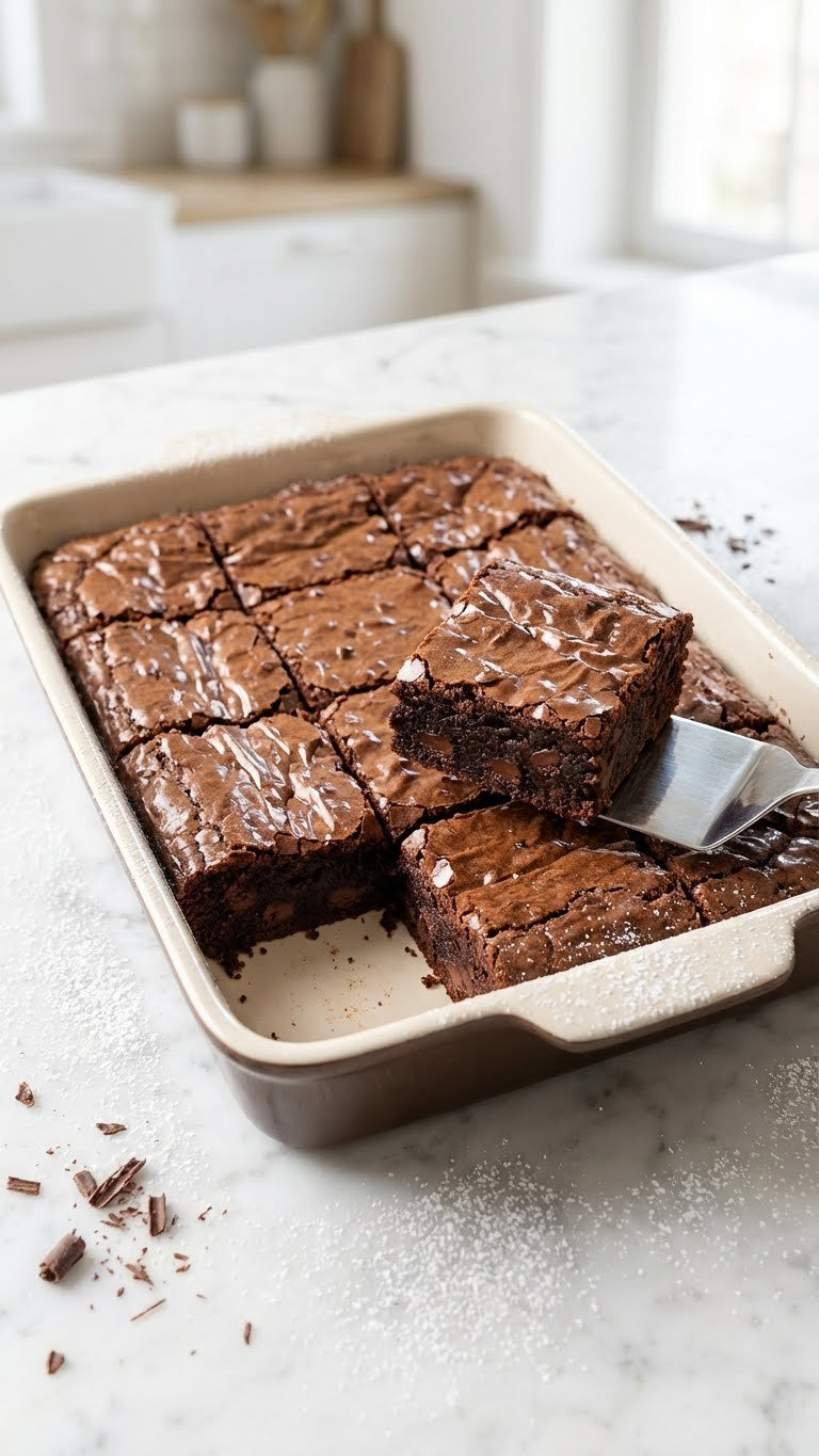 Top-Down View Of Perfectly Cut Fudgy Chocolate Brownies With A Crackled Top And Powdered Sugar On A Marble Countertop.