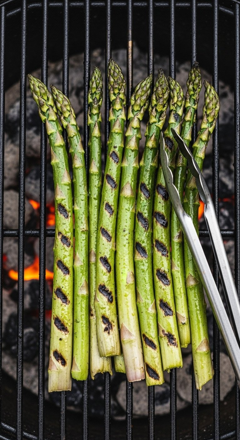 Top-Down View Of Perfectly Grilled Asparagus With Distinct Char Marks Resting On A Barbecue Grill Grate With Metal Tongs.