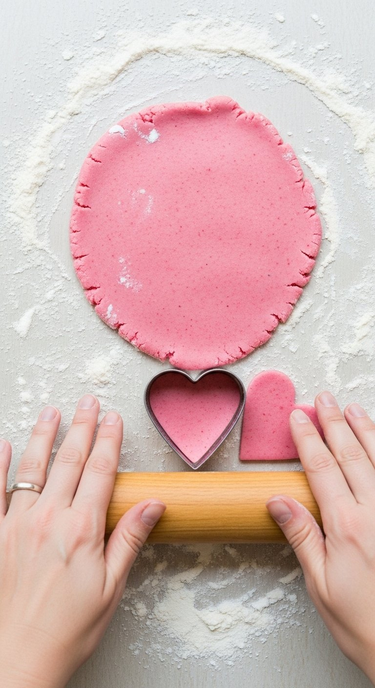 Top-Down View Of Pink Dough Being Rolled Out With A Metal Heart-Shaped Cookie Cutter On Floured Surface.