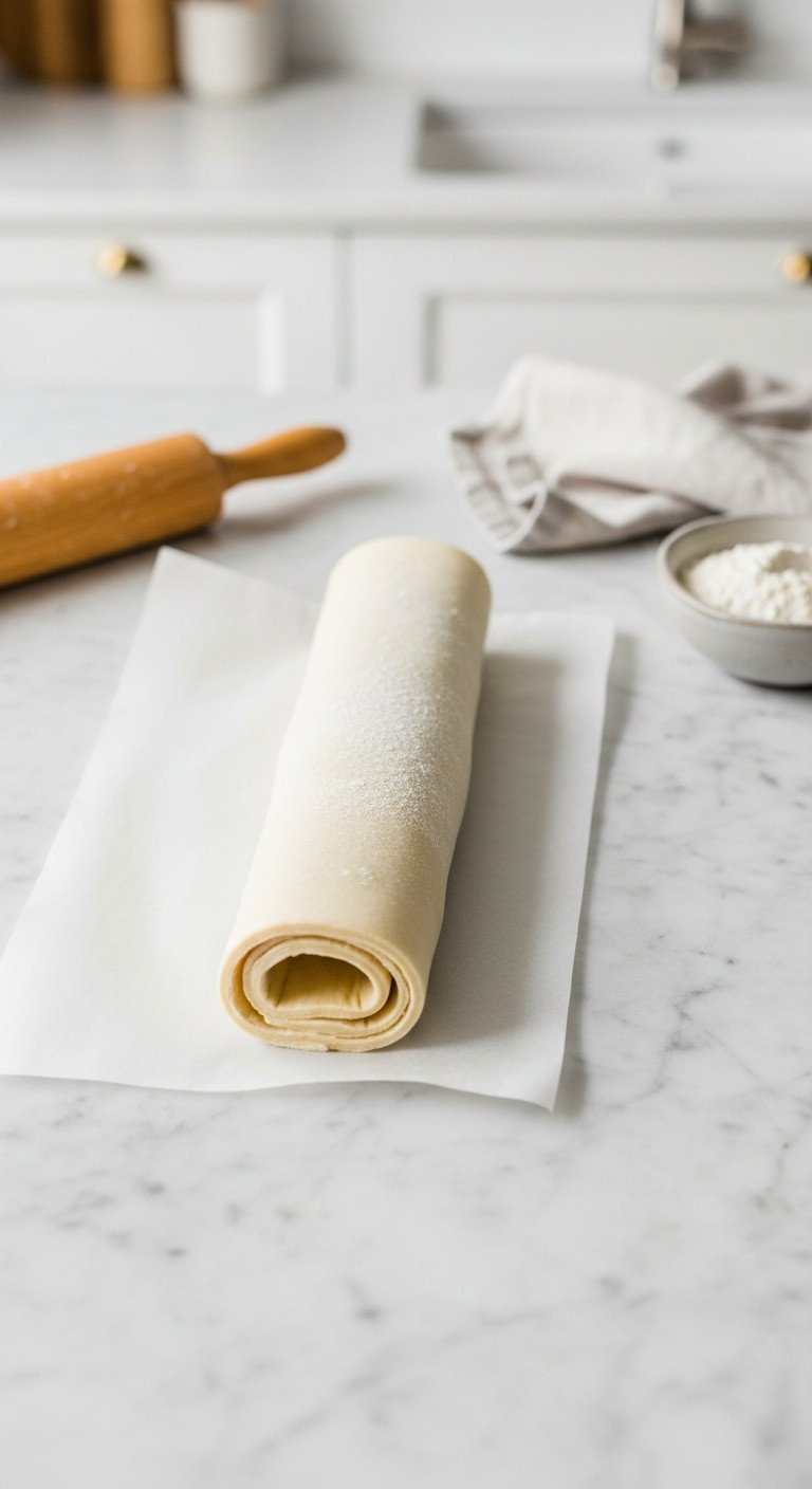 Top-Down View Of Puff Pastry Being Unrolled On Parchment Paper On A Marble Countertop With A Rolling Pin And Flour Nearby.