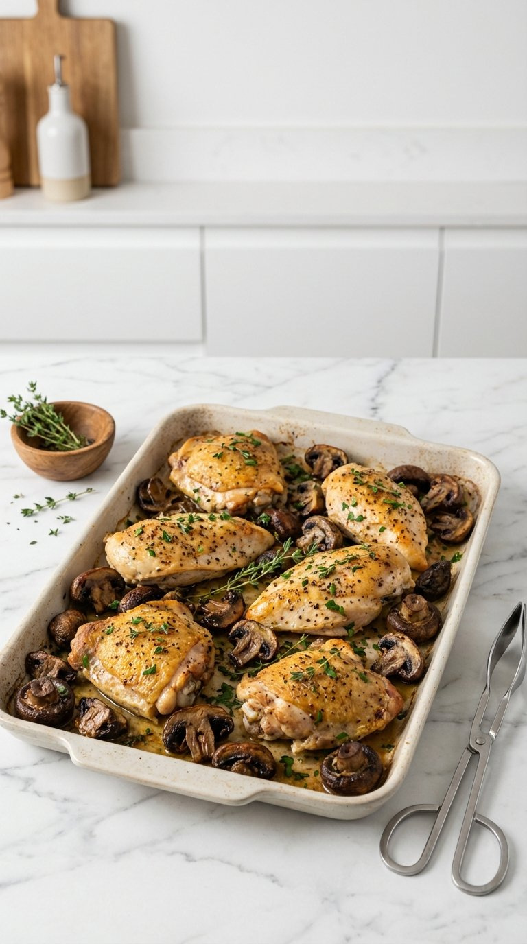 Top-Down View Of Quick Oven-Baked Chicken And Mushroom Tray Bake With Roasted Mushrooms On Baking Sheet
