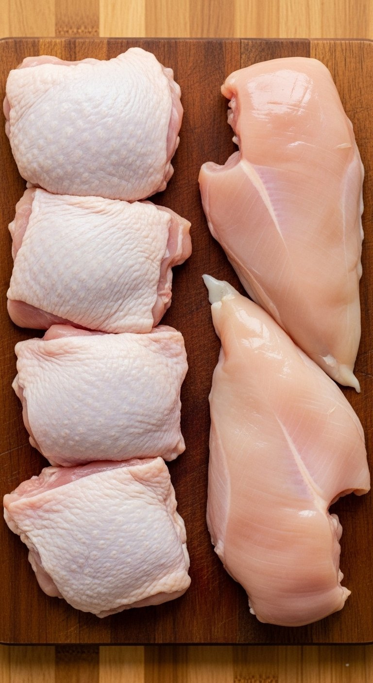 Top-Down View Of Raw Boneless Chicken Thighs And Chicken Breasts Arranged On A Wooden Cutting Board.