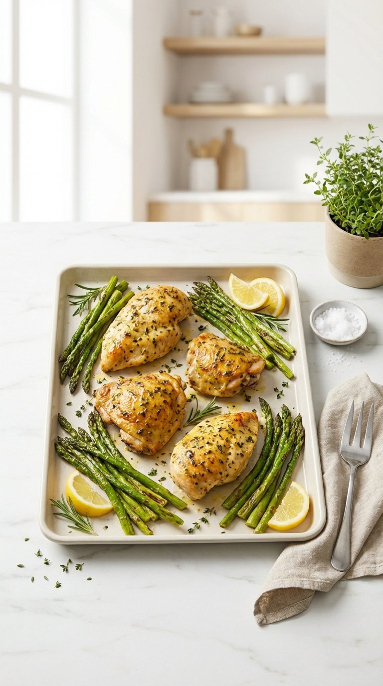 Top-Down View Of Roasted Sheet Pan Lemon Herb Chicken With Asparagus And Fresh Rosemary On Baking Sheet