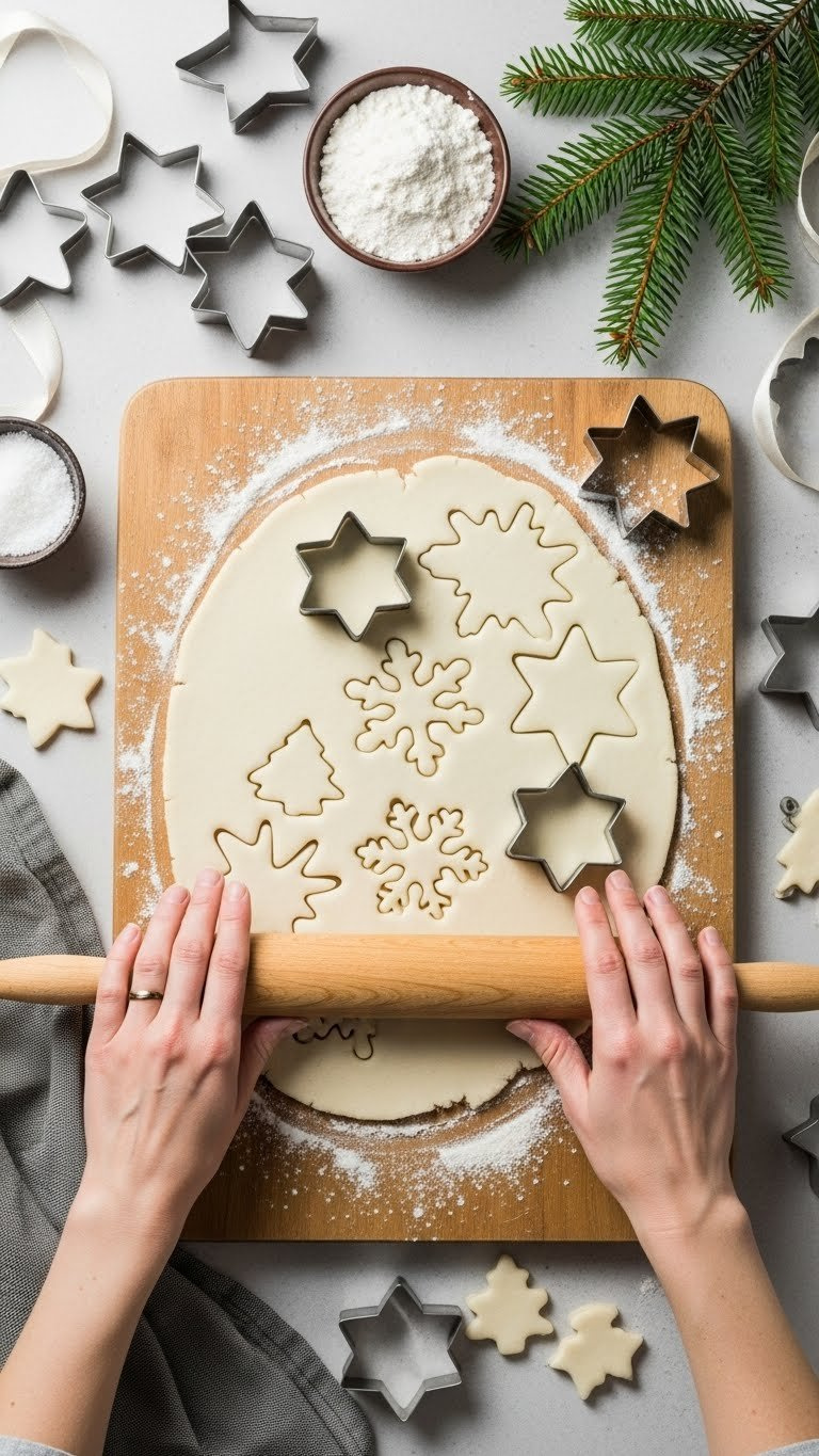 Top-Down View Of Rolling Pin Flattening White Baking Soda Dough With Christmas Cookie Cutters On Floured Wooden Cutting Board