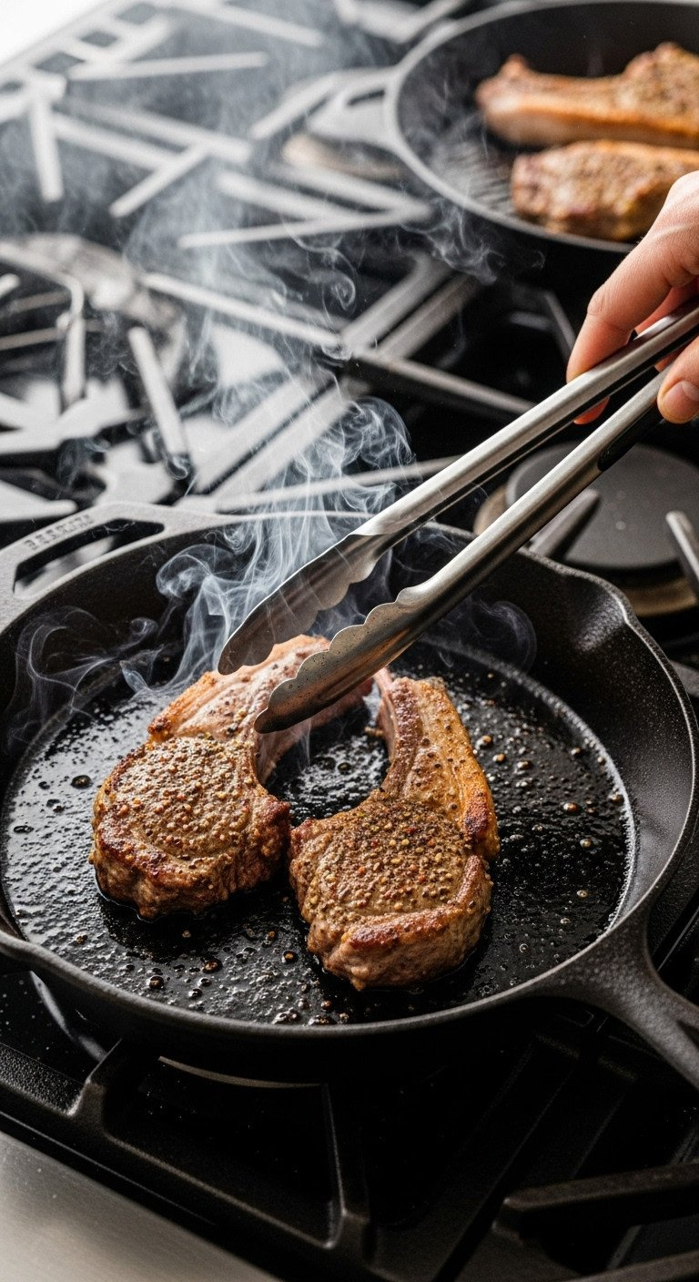 Top-Down View Of Seasoned Lamb Chops Sizzling As They Are Placed Into A Hot Black Cast-Iron Skillet On A Stovetop.
