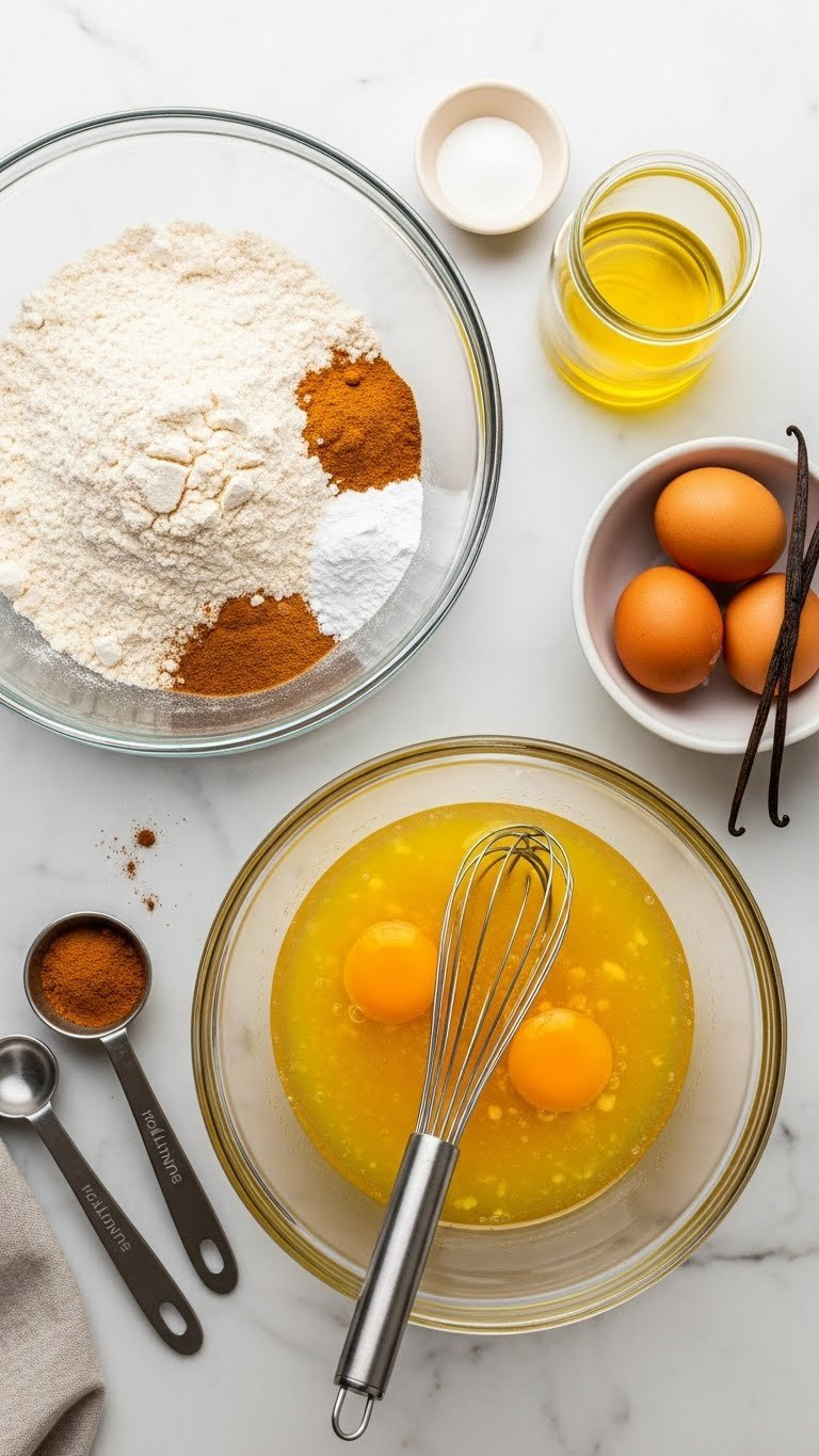Top-Down View Of Separate Dry And Wet Baking Ingredients In Glass Bowls With Whisk, Showcasing Flour, Eggs, And Cinnamon Textures.
