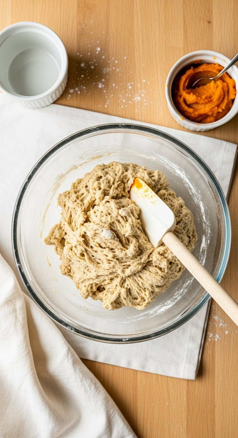 Top-Down View Of Shaggy, Undermixed Scone Dough With Flour Streaks In A Glass Bowl On A Wooden Table For Baking.