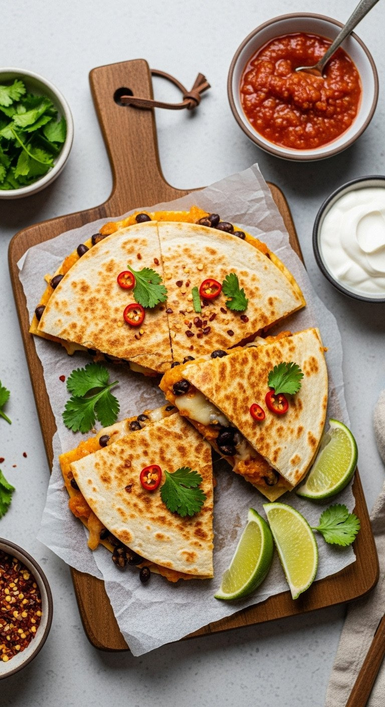 Top-Down View Of Spicy Pumpkin And Black Bean Quesadillas, Cut In Half, With Melted Monterey Jack Cheese And Cilantro.