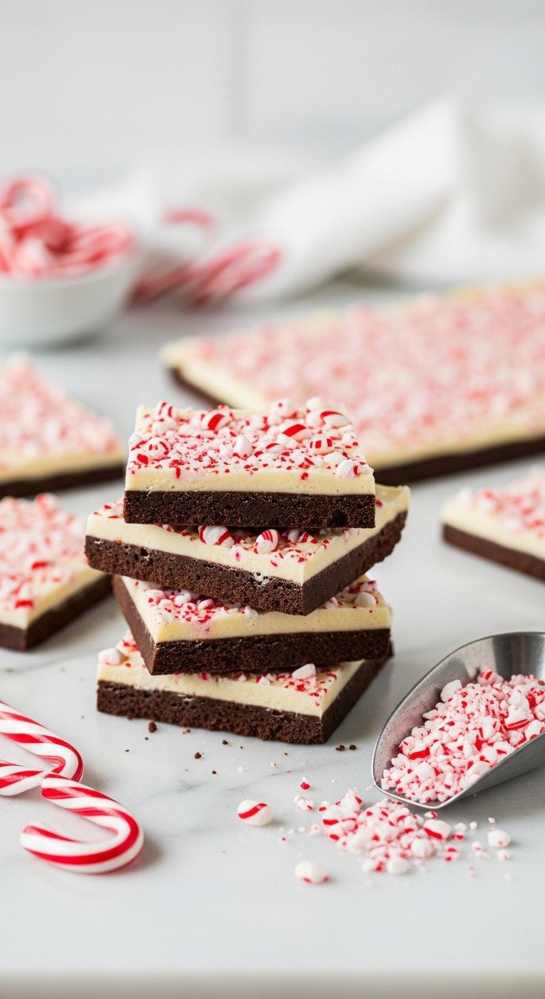 Top-Down View Of Stacked Homemade Peppermint Bark With Dark And White Chocolate Layers And Crushed Candy Canes On Top.