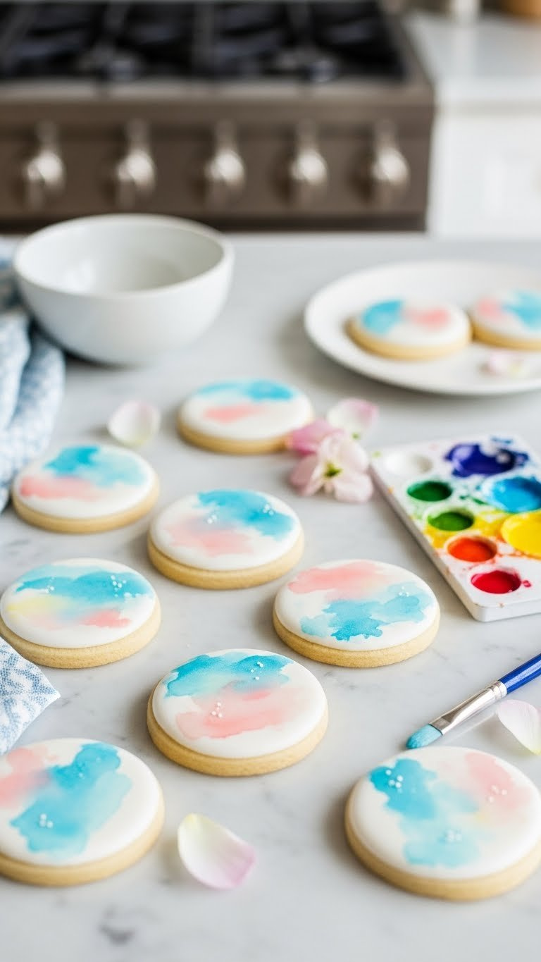 Top-Down View Of Sugar Cookies Decorated With Soft Watercolor Icing In Pastel Blues, Pinks, And Yellows On Marble Countertop
