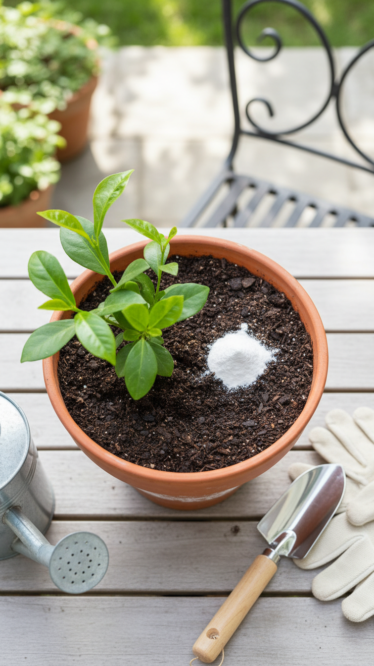Top-Down View Of Terracotta Pot With Vibrant Green Plant And Baking Soda Pile On Rich Dark Potting Soil