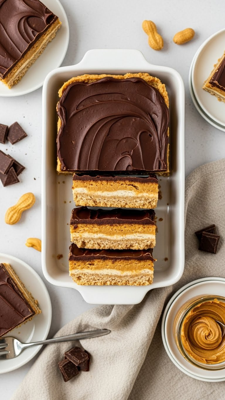 Top-Down View Of Thick, Sliced No-Bake Peanut Butter Bars With Chocolate Ganache On White Dish, Clean Minimalist Kitchen.