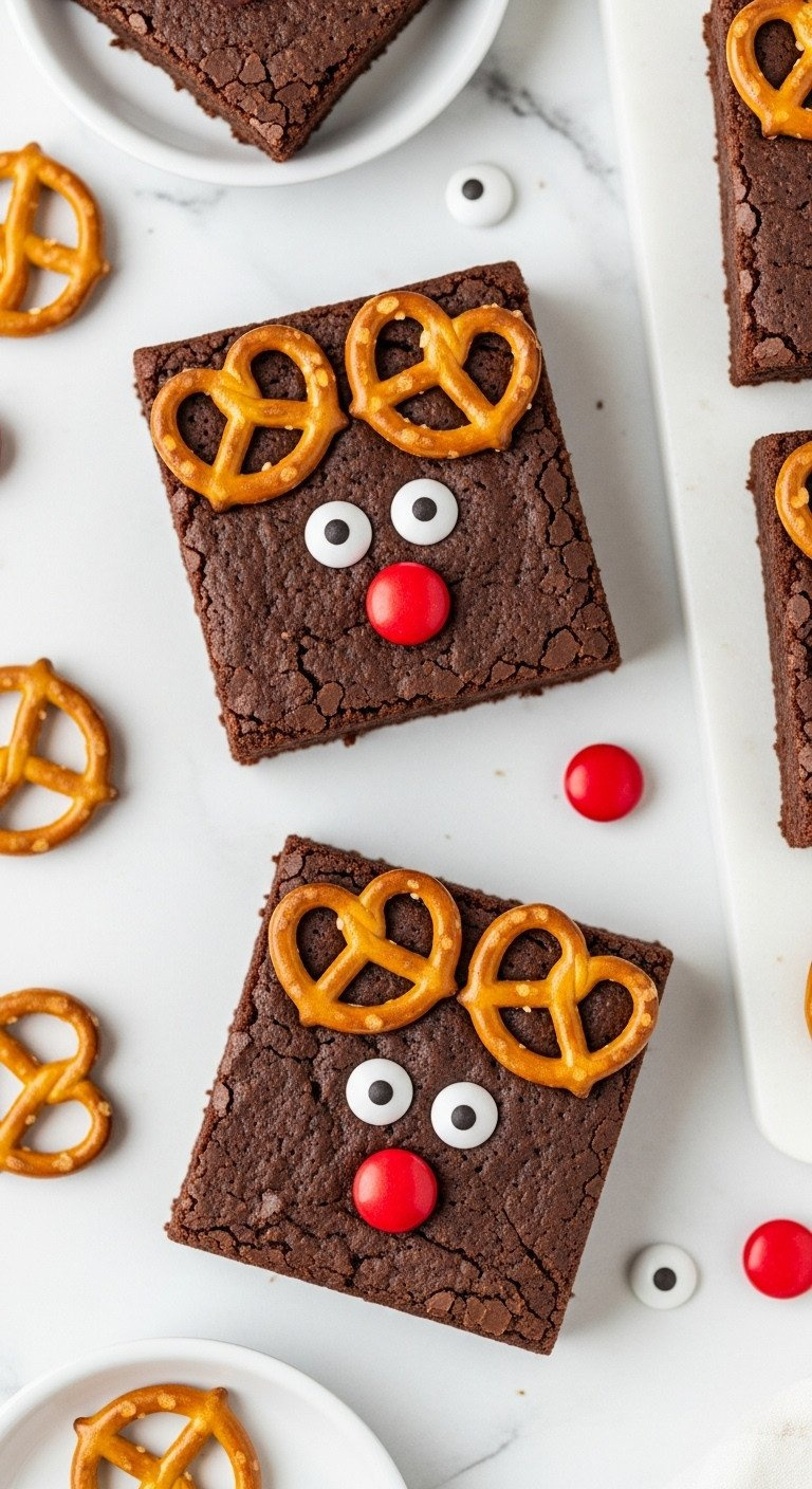 Top-Down View Of Two Cute Reindeer Brownies With Pretzel Antlers And Red Candy Noses On A White Marble Countertop.