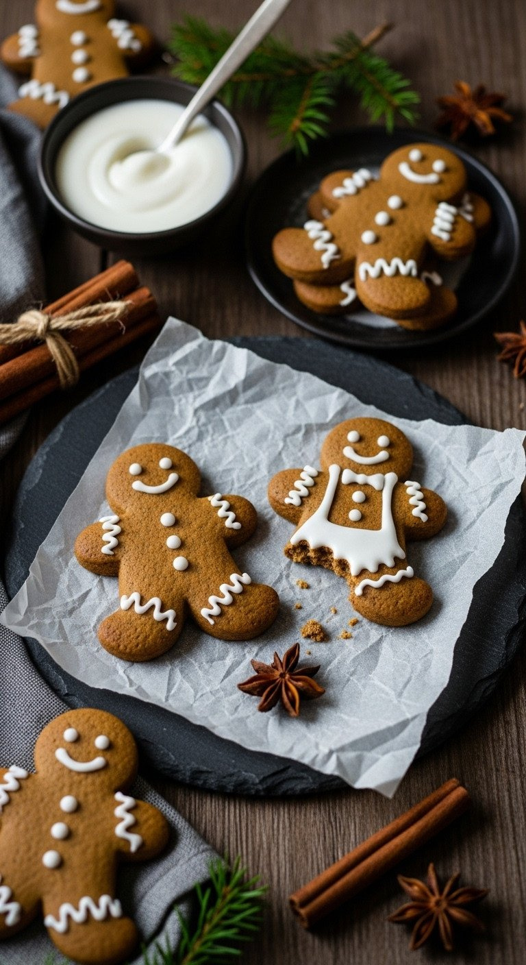 Top-Down View Of Two Nut-Free Gingerbread People On Parchment Paper, One With A Bite Taken Out, Styled With Cinnamon.