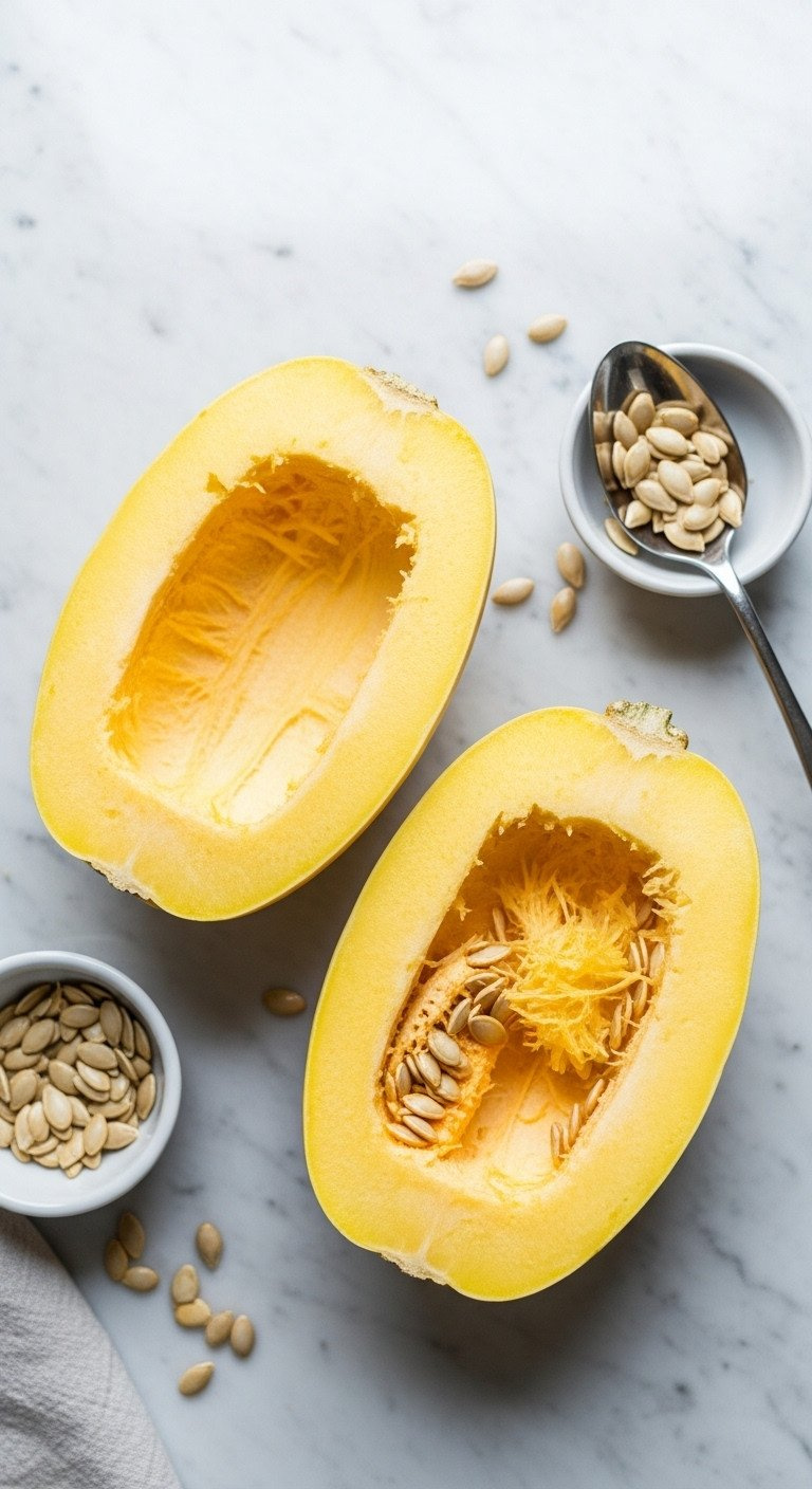 Top-Down View Of Two Spaghetti Squash Halves On A Marble Counter, One Cleaned And One With Seeds And A Spoon Nearby.