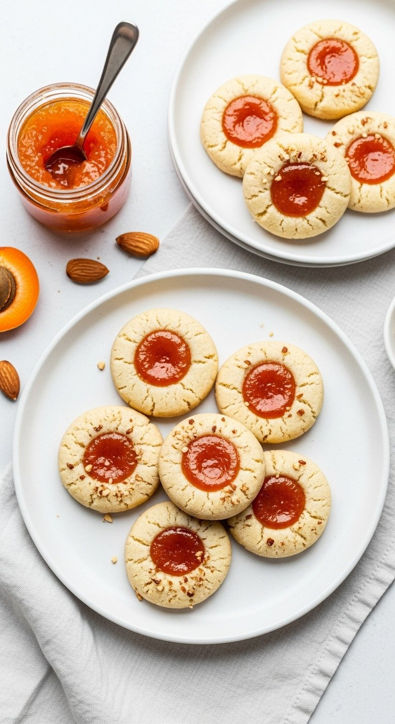Top-Down View Of Vegan Thumbprint Cookies With Shiny Apricot Jam Centers Arranged On A Minimalist White Ceramic Plate.