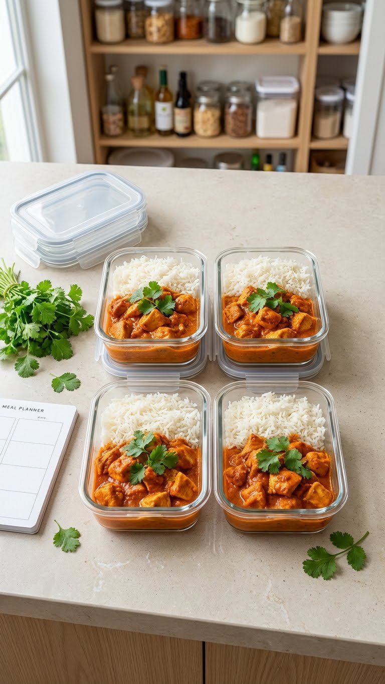 Top-Down View Of Vibrant Instant Pot Chicken Tikka Masala With Rice In Clear Meal Prep Containers On A Clean Counter.