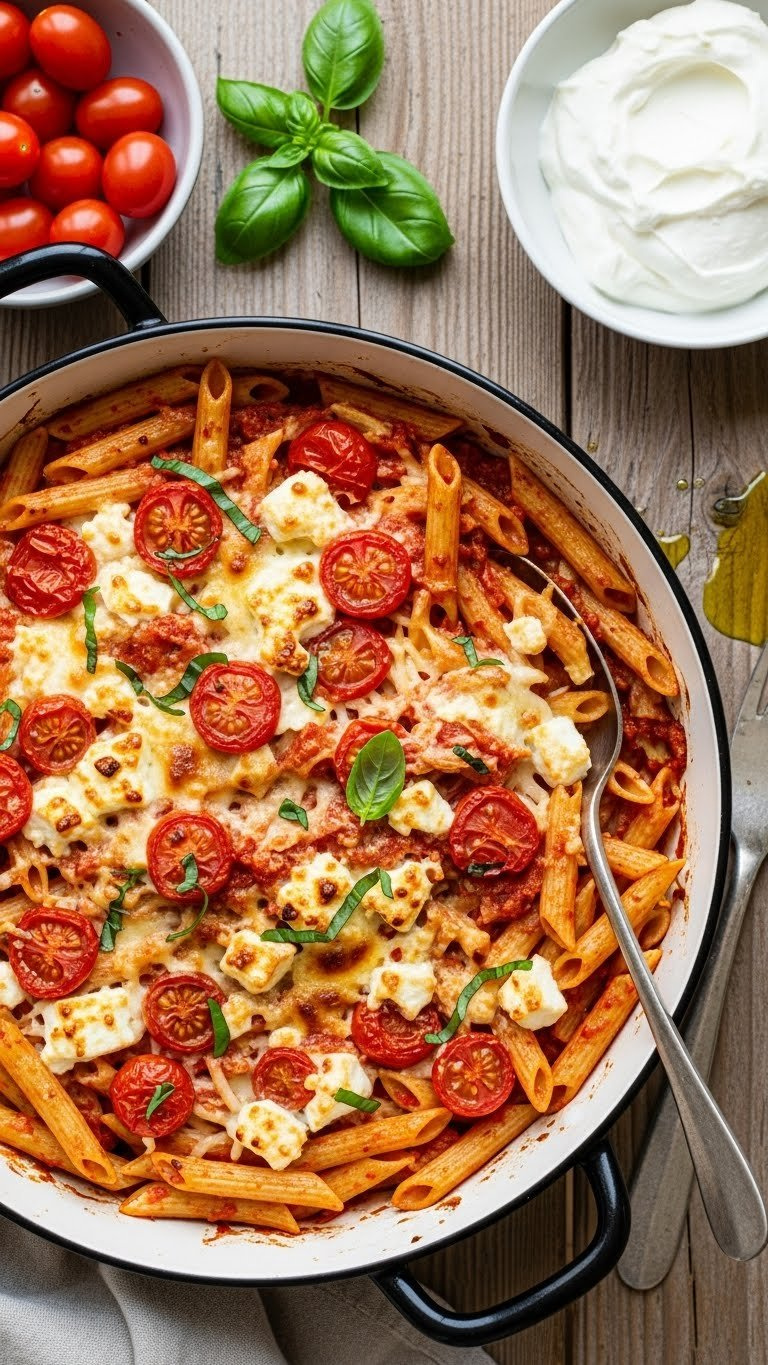 Top-Down View Of Vibrant Baked Feta And Tomato Pasta With Melted Cheese, Burst Cherry Tomatoes, And Fresh Basil On Rustic Wooden Table.