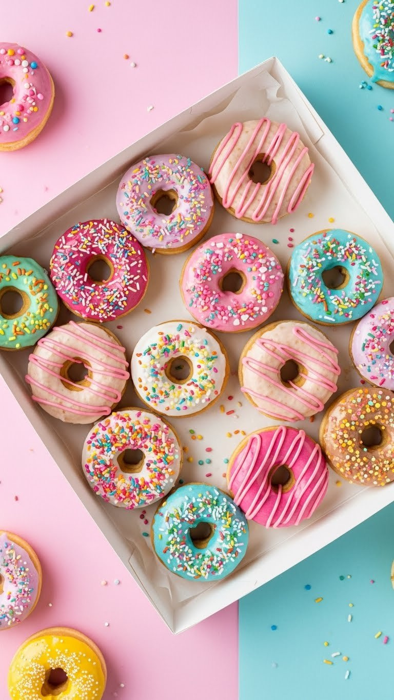Top-Down View Of Vibrant Glazed Doughnuts With Colorful Icing Arranged In Repeating Pattern On White Background
