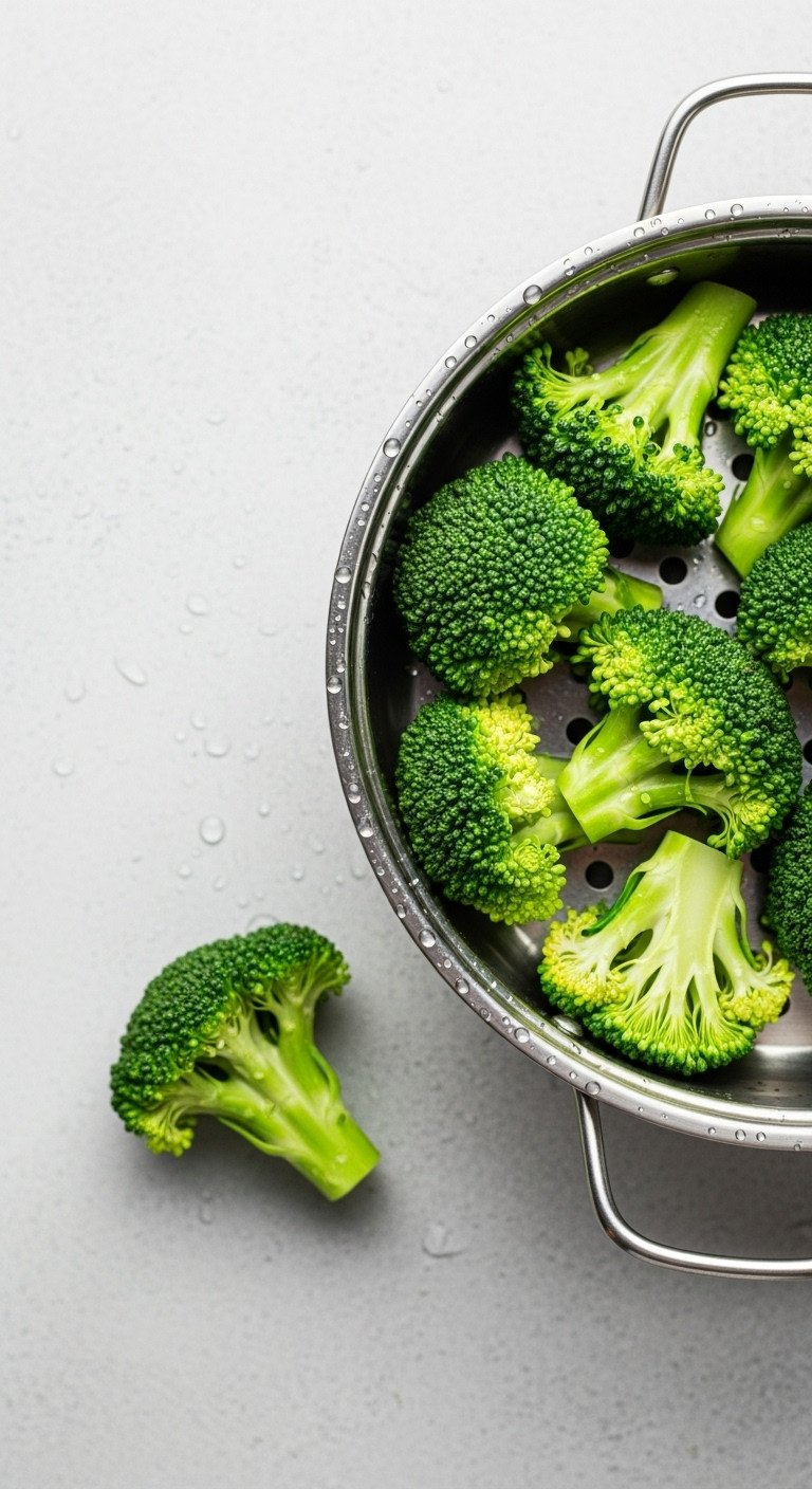 Top-Down View Of Vibrant Green Steamed Broccoli Florets Glistening In A Stainless Steel Steamer Basket On A Light Gray Background.