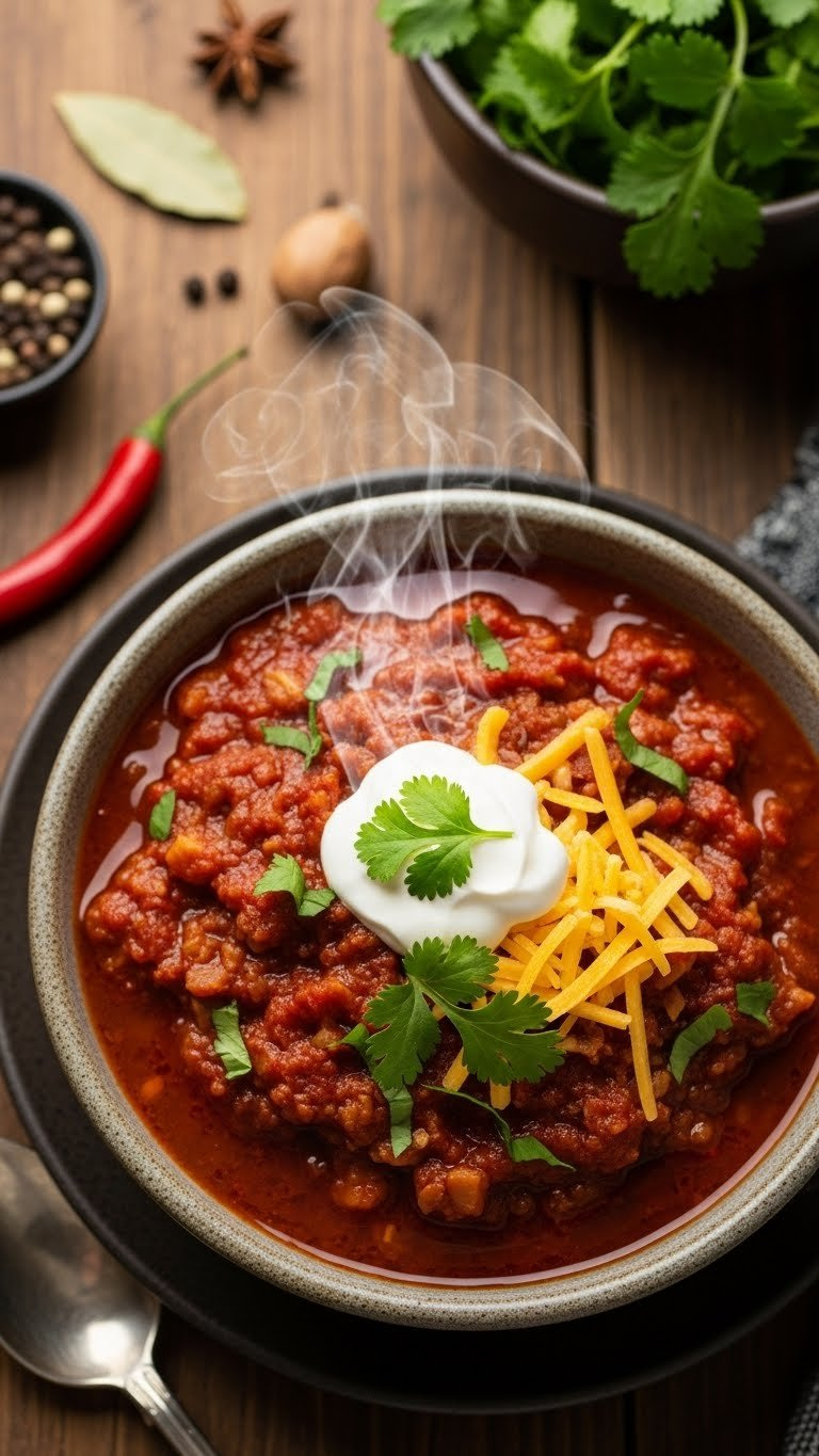 Top-Down View Of Vibrant, Hearty No-Bean Keto Beef Chili With Sour Cream, Cilantro, And Rising Steam On A Rustic Wooden Table.