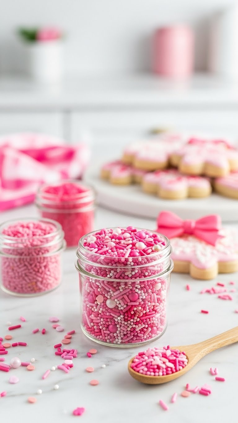 Top-Down View Of Vibrant Pink Sprinkles Assortment In Glass Jar With Wooden Spoon On White Marble Countertop For Baking.