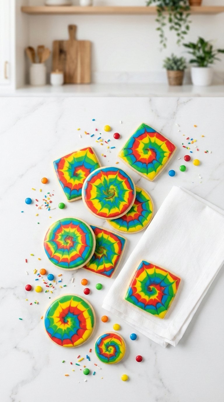 Top-Down View Of Vibrant Tie-Dye Sugar Cookies With Swirling Royal Icing Patterns On Marble Countertop In Bright Daylight