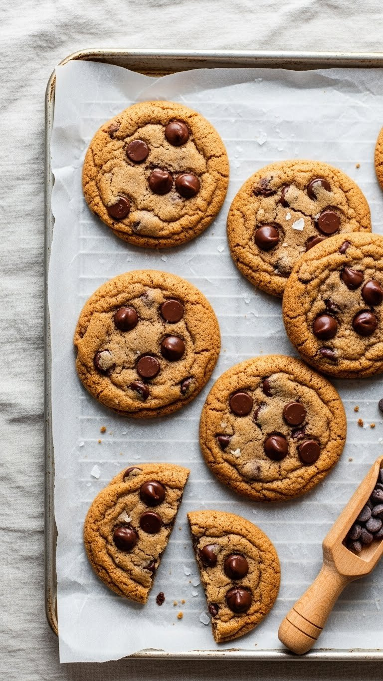 Top-Down View Of Warm Golden-Brown Chocolate Chip Cookies With Melted Chips, Crisped Edges, Sea Salt, On Parchment, Bright Daylight.