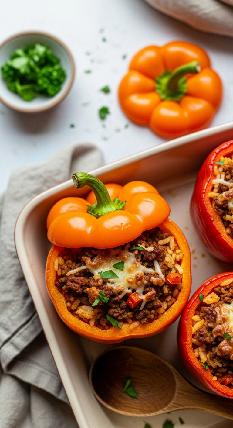Top-Down View: Savory Orange Bell Pepper Stuffed With Beef, Rice, And Cheese In A Rustic Baking Dish For Halloween Dinner.