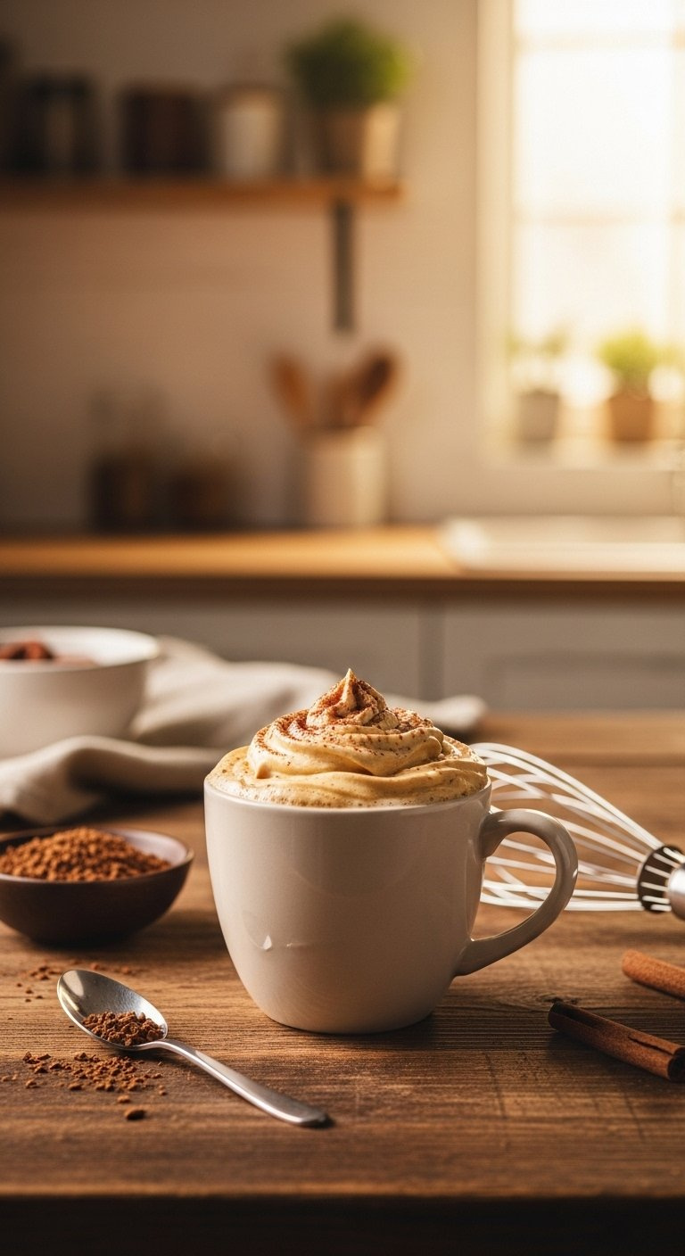 Traditional Beaten Coffee Featuring Thick Creamy Golden Foam Atop Warm Milk In A Ceramic Mug.