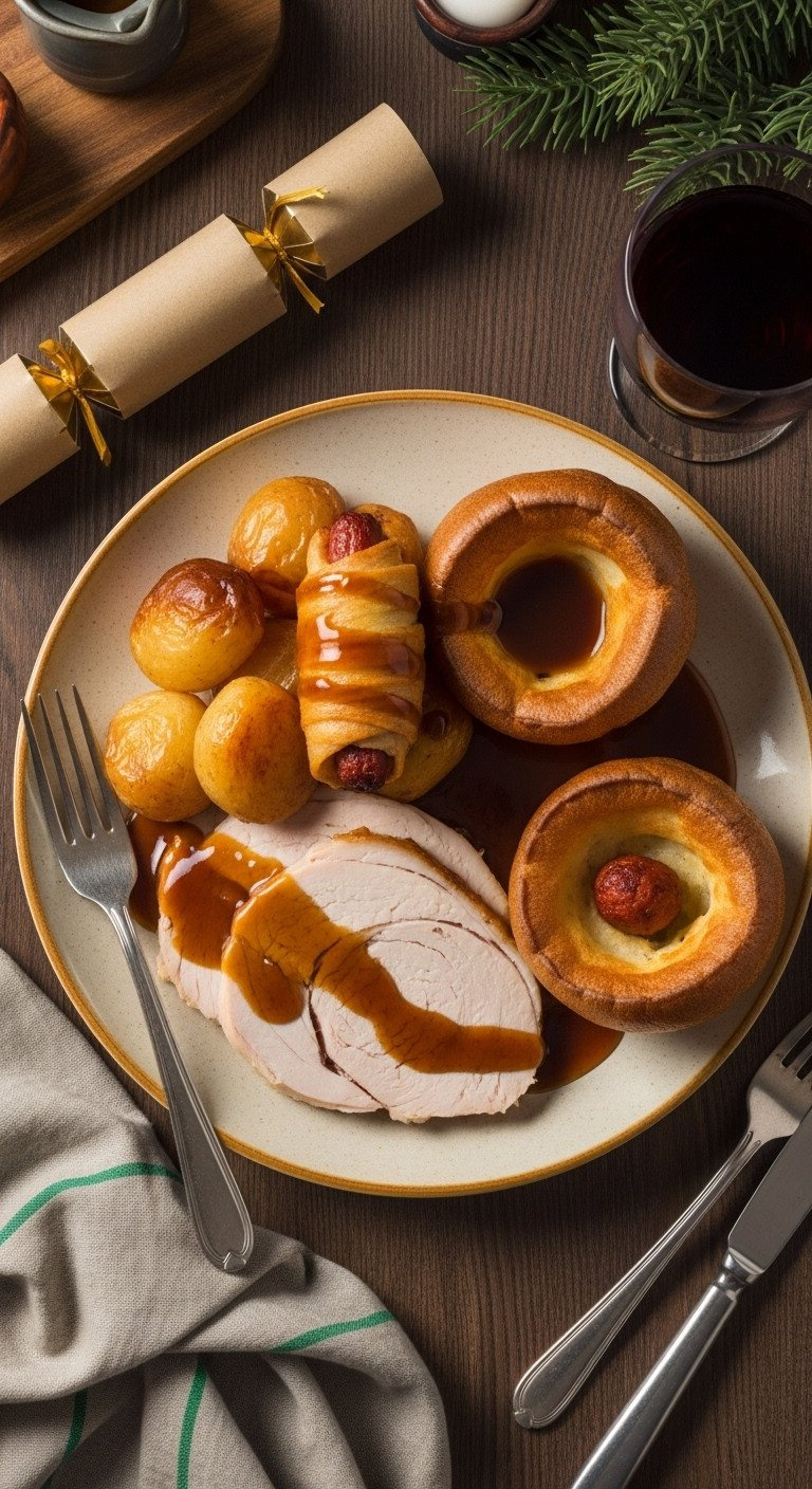 Traditional British Christmas Dinner Plate With Roast Turkey, Crispy Potato, Pig In A Blanket, Yorkshire Pudding, Gravy; Festive British Feast.
