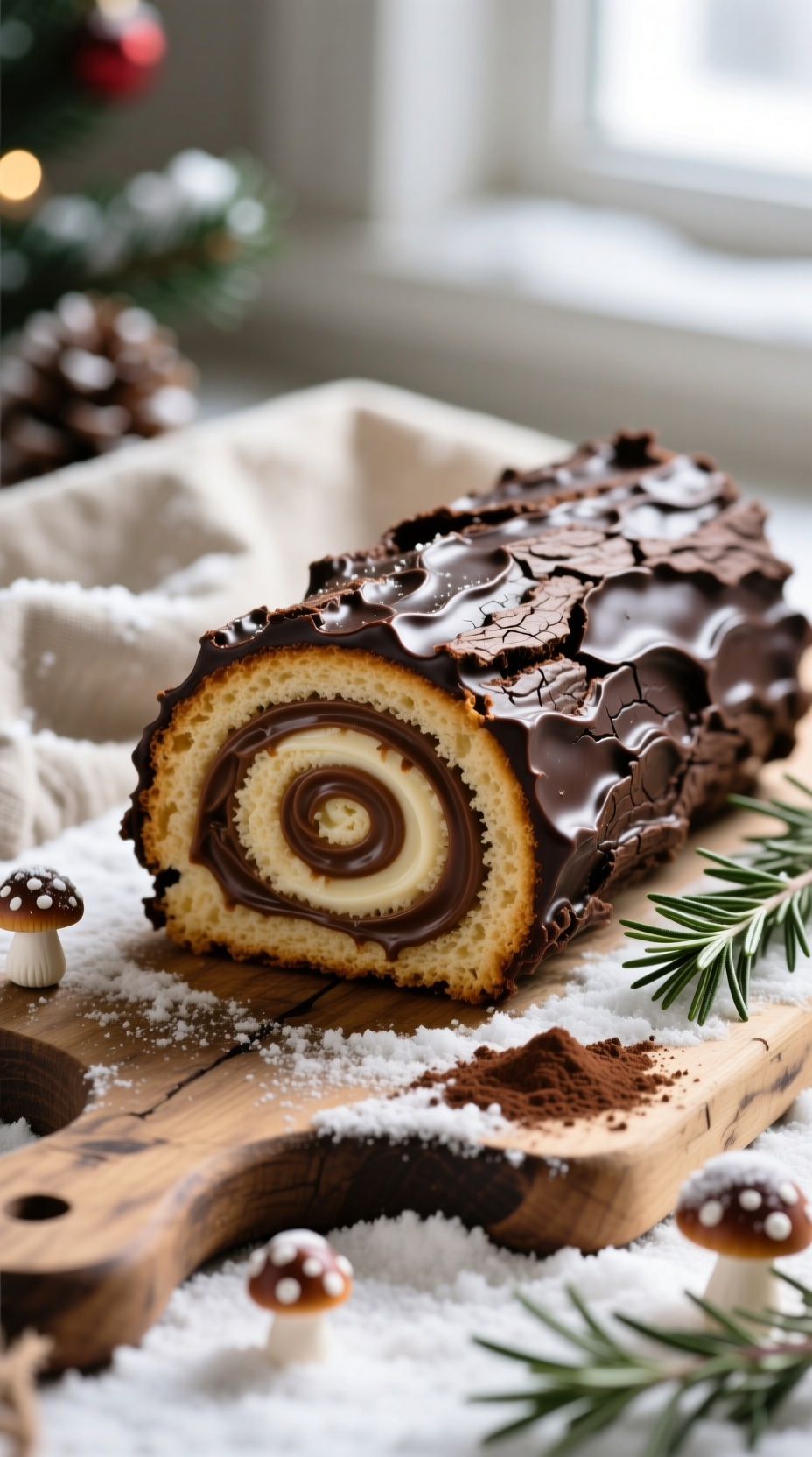 Traditional Buche De Noël Yule Log Slice With Chocolate Ganache, Sponge Cake, Creamy Filling, Powdered Sugar, Festive Holiday Treat.