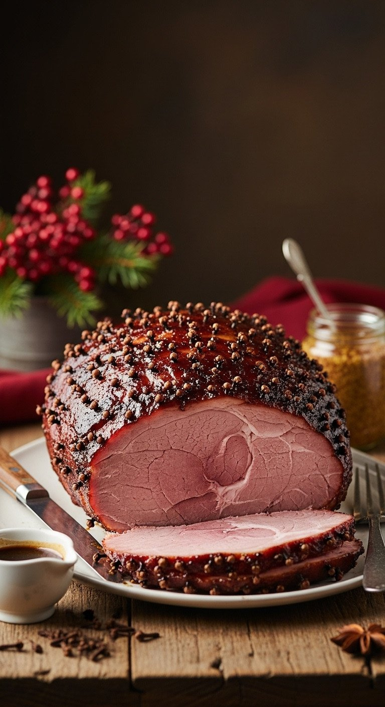 Traditional Christmas Bone-In Ham, Clove-Studded With Dark Savory-Sweet Glaze, On Rustic Wood, Warm Golden Light.