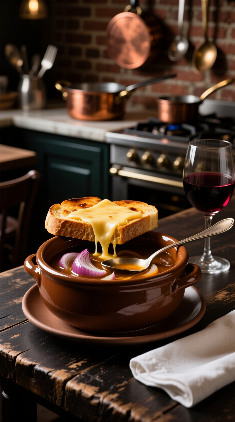 Traditional Classic French Onion Soup In A Brown Ceramic Crock With Toasted Bread And Gooey Melted Gruyère Cheese On A Dark Rustic Table