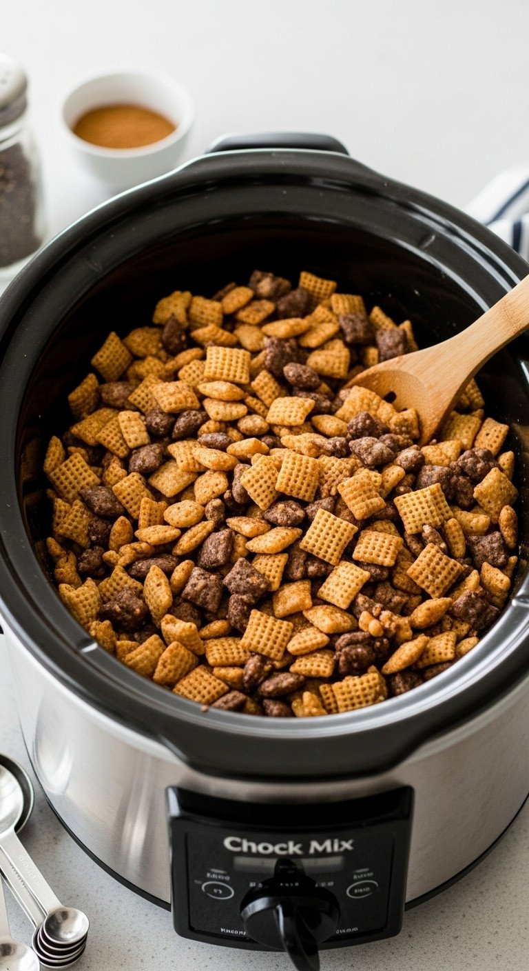 Traditional Crockpot Chex Mix, Savory &Amp; Deeply Seasoned, Inside A Stainless Steel Slow Cooker With A Wooden Spoon.
