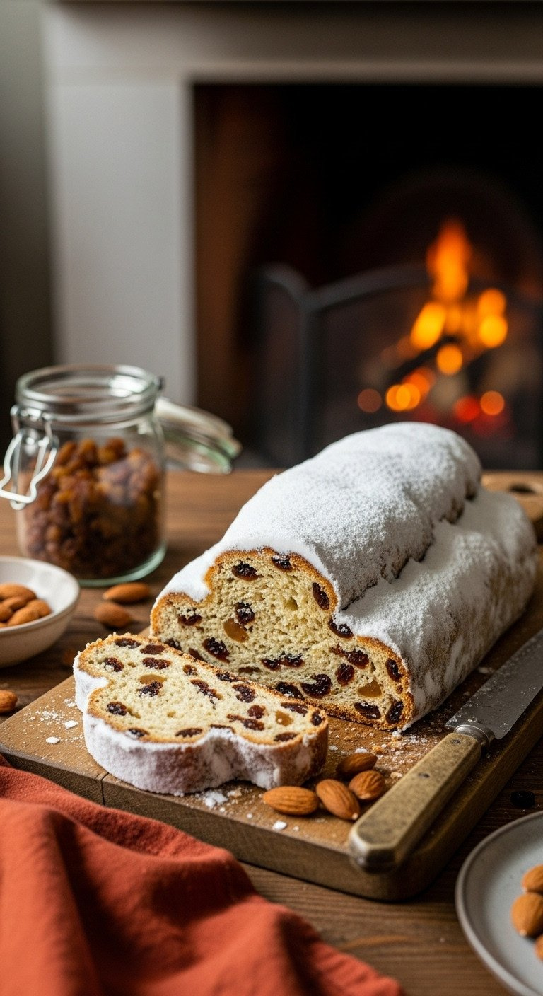 Traditional German Stollen Loaf Dusted With Powdered Sugar On A Rustic Board, With One Slice Cut To Show The Fruity Interior.