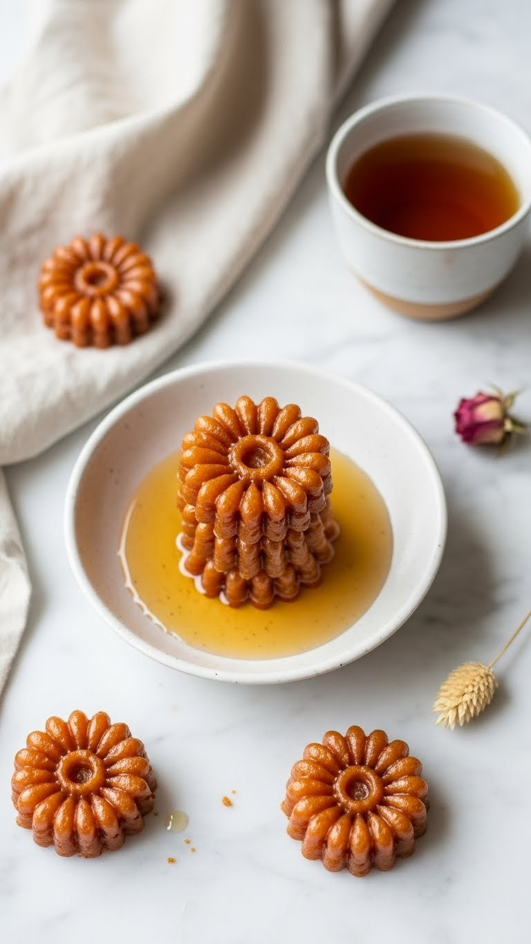 Traditional Korean Yakgwa Tea Cookies In Honey-Ginger Syrup, Showcasing Patterned Hexagonal Shapes On A White Bowl, Marble Table.