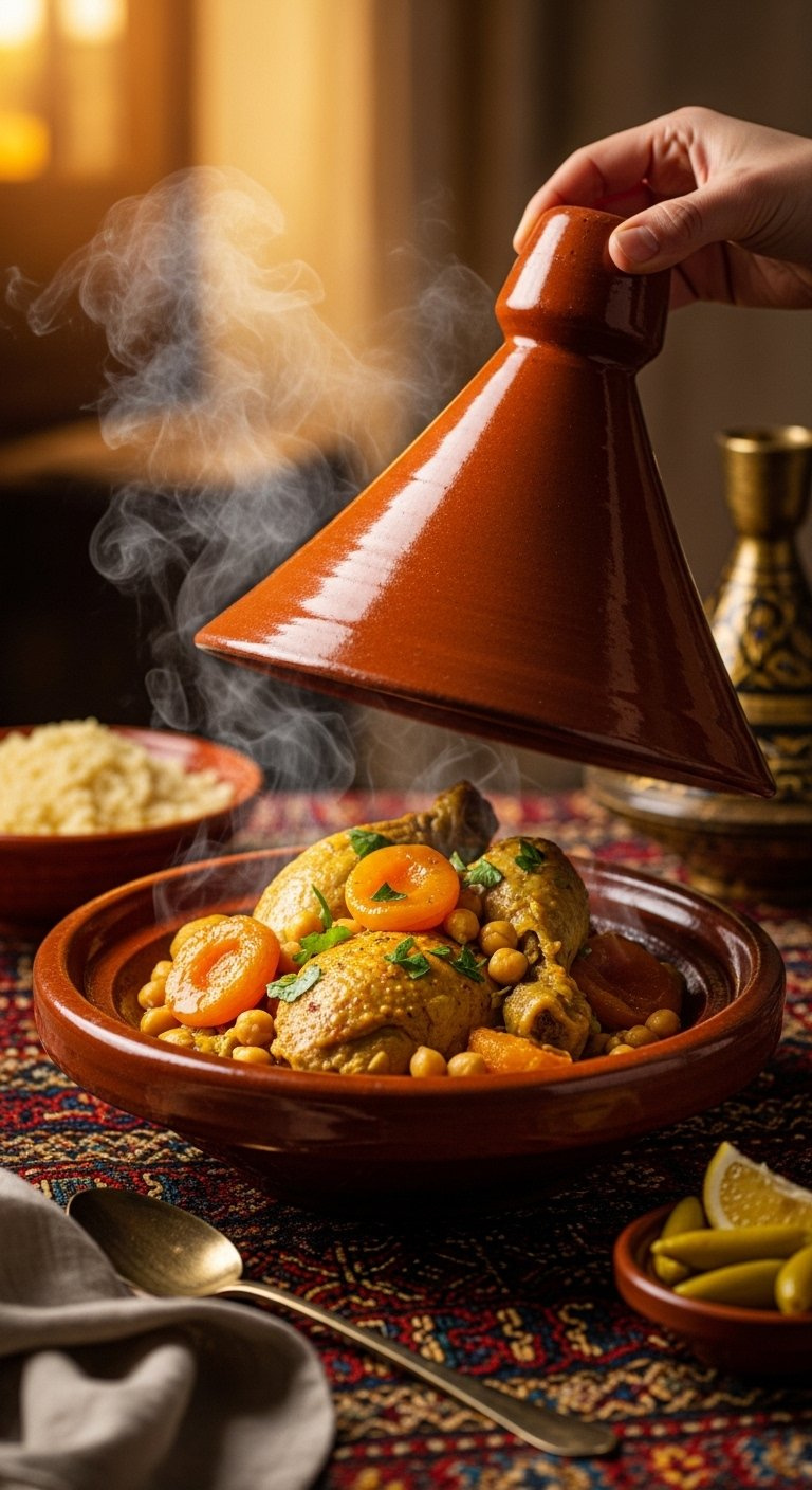 Traditional Moroccan Chicken Tagine With Apricots And Chickpeas Served In An Earthenware Pot On A Patterned Textile.