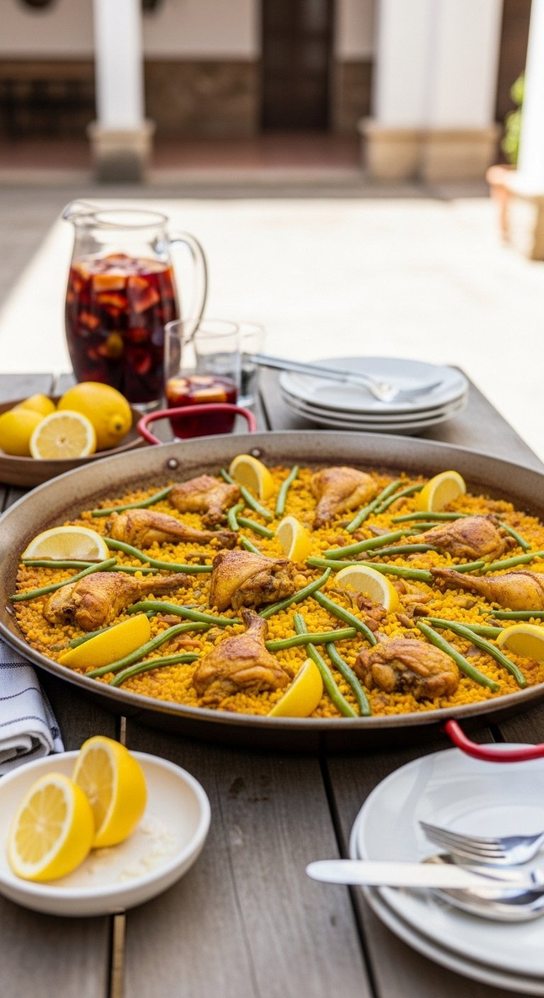Traditional Paella Valenciana With Saffron Rice, Chicken, Rabbit, And Green Beans In A Large Pan On A Rustic Table.