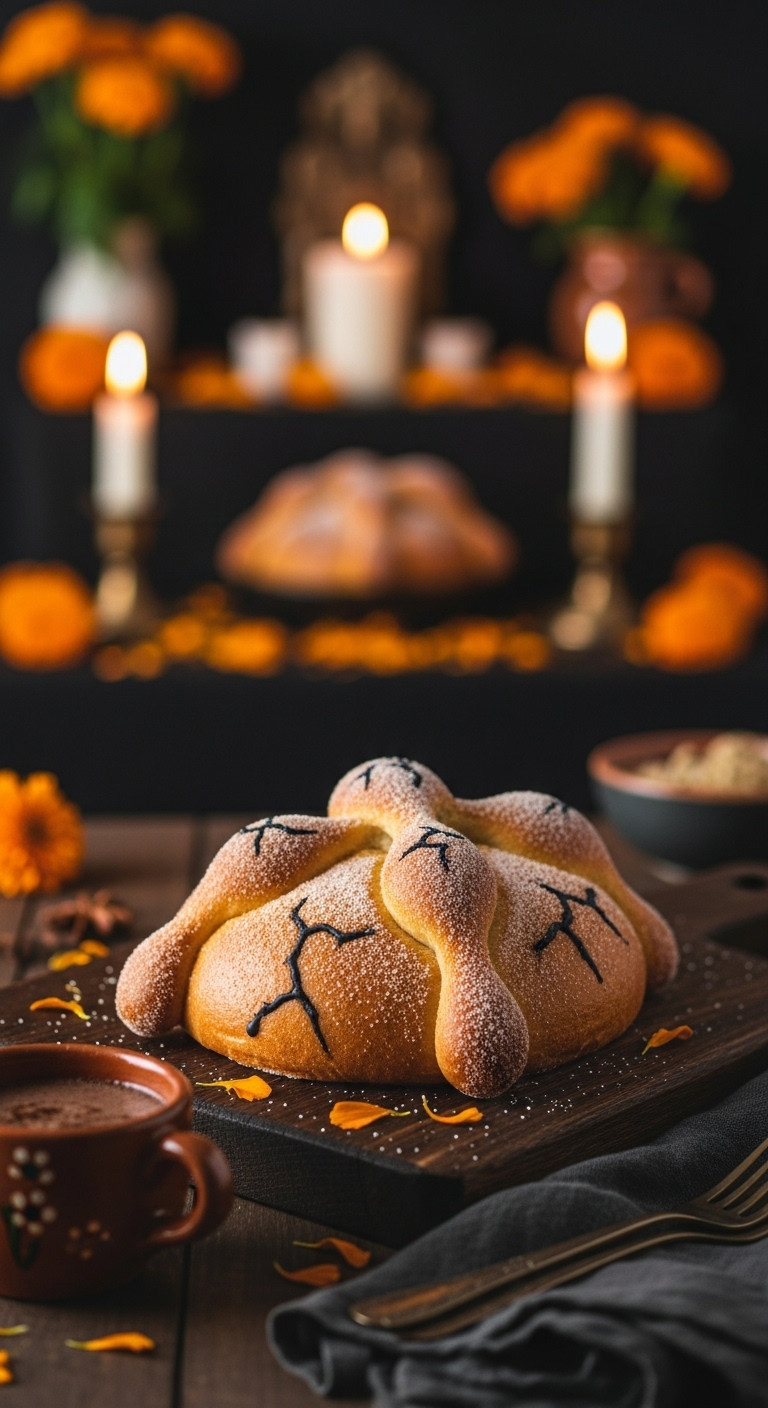 Traditional Pan De Muerto: Sugar-Dusted, Bone-Shaped Bread With Black Icing. Mexican Day Of The Dead Altar. Festive Dessert.