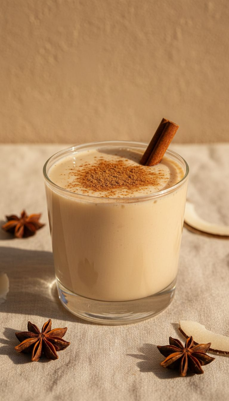 Traditional Puerto Rican Coquito In A Glass, Garnished With Ground Cinnamon, A Cinnamon Stick, And Coconut Shavings On Linen.