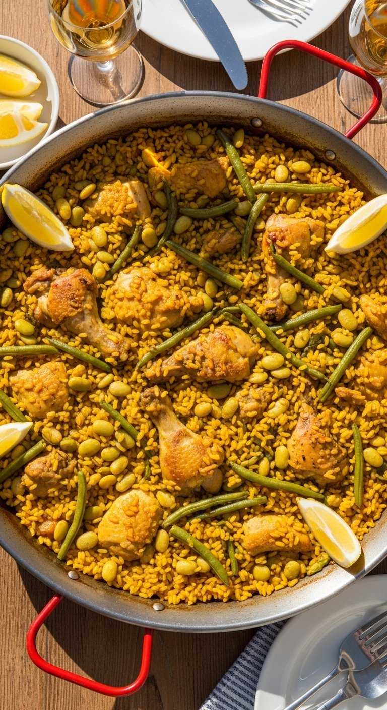 Traditional Spanish Paella With Saffron Rice, Chicken, And Vegetables Cooked In A Wide Pan.