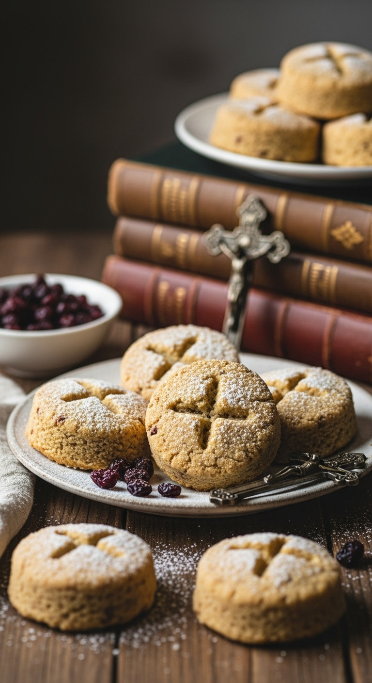 Traditional Golden-Brown Soul Cakes With Cross Carvings, Dusted With Powdered Sugar, On A Vintage Plate With Old Books.